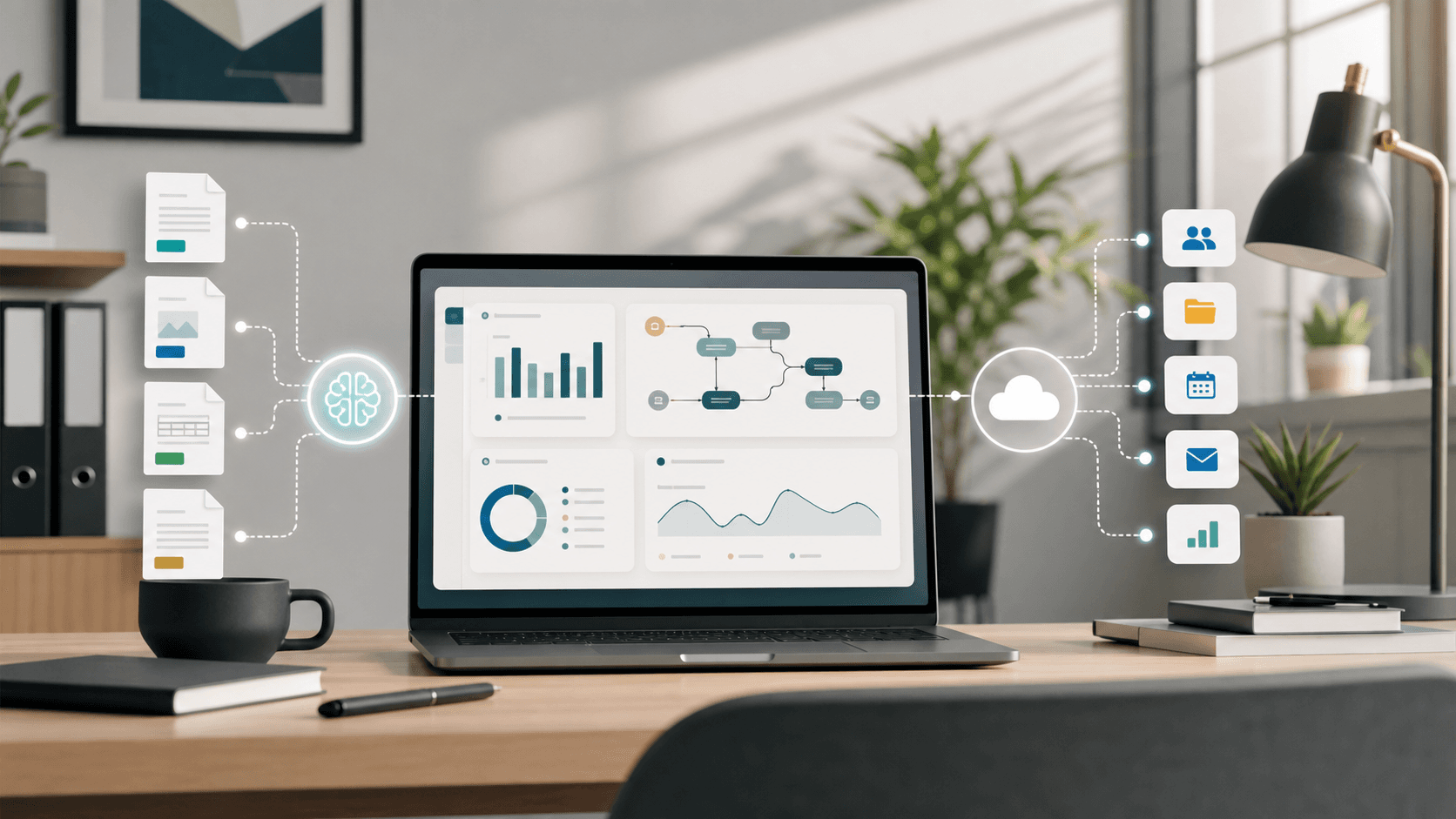 Workspace illustration showing automation dashboards, AI document processing, and connected business workflows